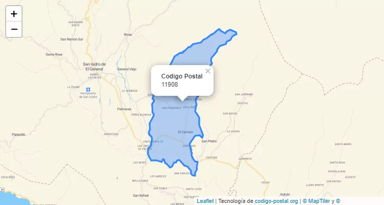 Código Postal Distrito Cajón O Carmen, Perez Zeledon - San Jose - Costa Rica