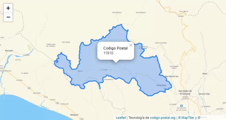 Código Postal Distrito Río Nuevo, Perez Zeledon - San Jose - Costa Rica